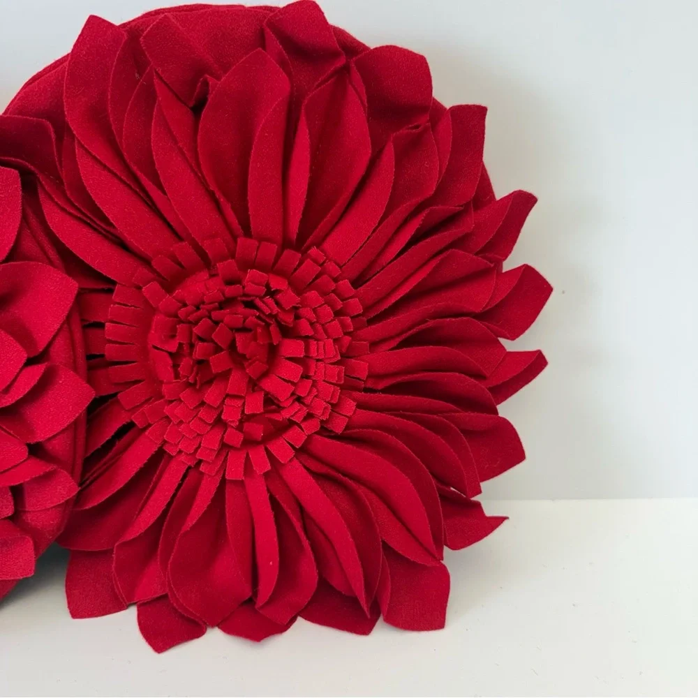 Set of 2 Red Wool 3D Floral Sculptural Pillow Covers Rosette valentine’s Decor